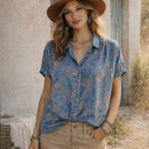 Intro Dillard’s Blue Chambray Floral Lyocell Button-Down, L, Boho, Coastal